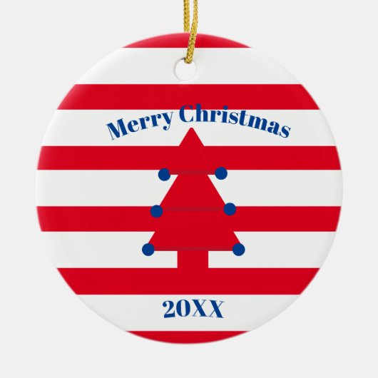 Kerstboom Rood Blauw Wit Keramisch Ornament (Voorkant)