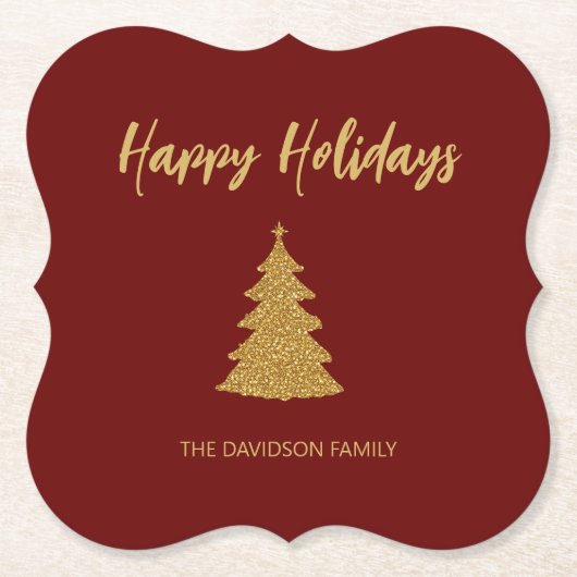 Kerstboom rood goud glitter vakantie kartonnen onderzetters (Voorkant)