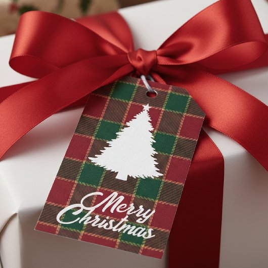 Kerstboom Rood & Groen Tartan Van Voor Cadeaulabel