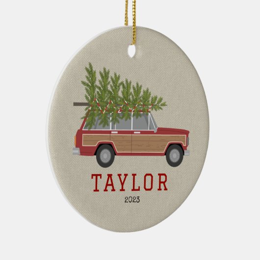 Kerstboom Rood Hout SUV Wagon Auto Faux Tweed Keramisch Ornament (Rechts)