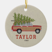 Kerstboom Rood Hout SUV Wagon Auto Faux Tweed Keramisch Ornament (Voorkant)