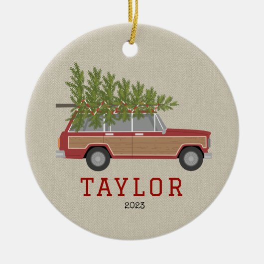 Kerstboom Rood Hout SUV Wagon Auto Faux Tweed Keramisch Ornament (Voorkant)