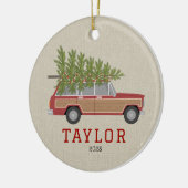 Kerstboom Rood Hout SUV Wagon Auto Faux Tweed Keramisch Ornament (Links)
