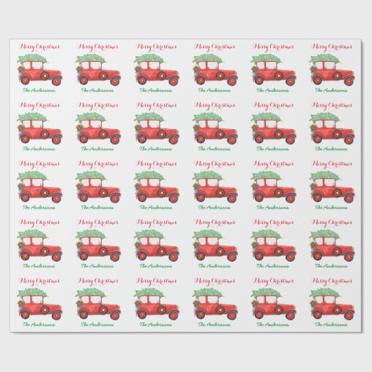 Kerstboom Rood Vrachtwagenpark Verpakkingspapier Cadeaupapier (Vlak)