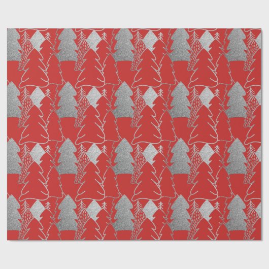 Kerstboom Rood Wijn Zilver Glitter Wood Cadeaupapier (Vlak)