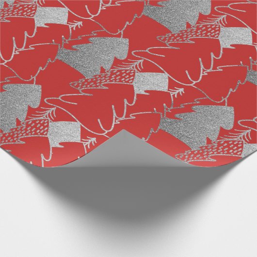 Kerstboom Rood Wijn Zilver Glitter Wood Cadeaupapier (Hoek)