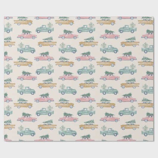 Kerstboom  Roze Gouden Retro Vrachtwagen Cadeaupapier (Vlak)