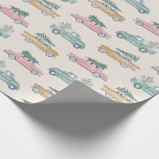 Kerstboom Roze Gouden Retro Vrachtwagen Cadeaupapier (Hoek)