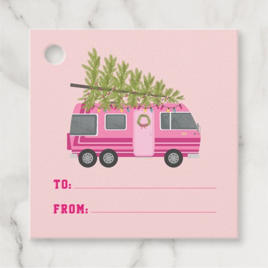 Kerstboom Roze RV Camper Van Roze Bedankjes Labels (Voorkant)