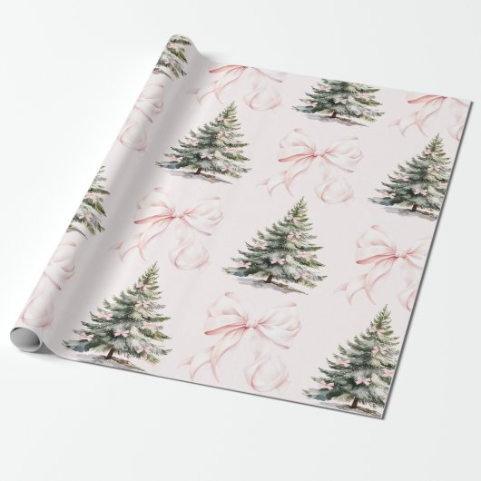 Kerstboom roze strik inpakpapier (Uitgerold)