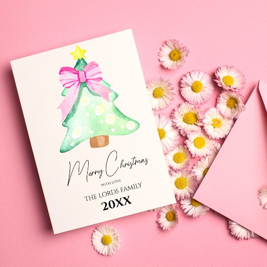 Kerstboom Roze Strik Kerstkaart