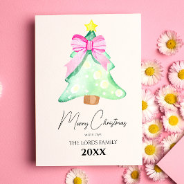 Kerstboom Roze Strik Vakantiegroetkaart Feestdagenkaart