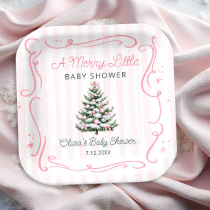 Kerstboom Roze Winter Baby Shower Papieren Bordje