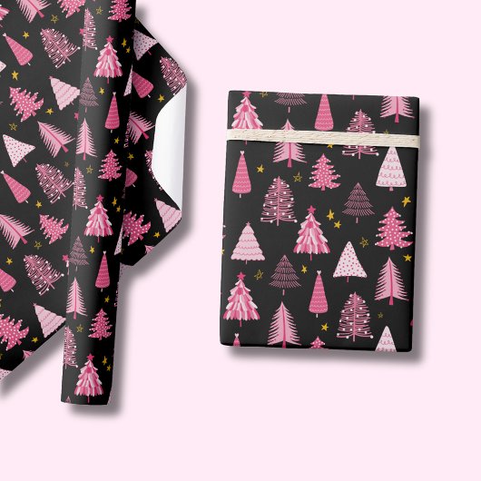 Kerstboom Roze Zwart Cadeaupapier