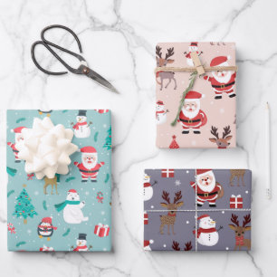Kerstboom Santa Claus Reindeer Snowman Blue Inpakpapier Vel