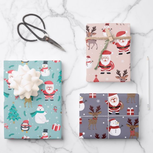 Kerstboom Santa Claus Reindeer Snowman Blue Inpakpapier Vel (Voorkant)