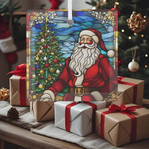 Kerstboom Santa Faux Glas in lood Ornament