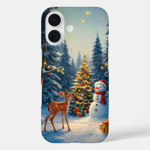 Kerstboom Scene Schattig Hert Jong Hert Sneeuwman iPhone 16 Hoesje