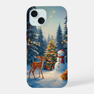 Kerstboom Scene Schattig Hert Jong Hert Sneeuwman iPhone 15 Case