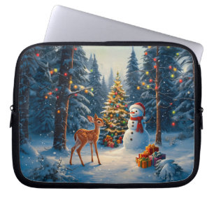 Kerstboom Scene Schattig Hert Jong Hert Sneeuwman Laptop Sleeve