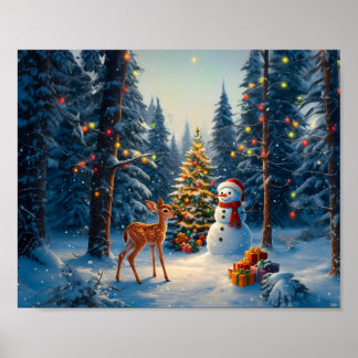 Kerstboom Scene Schattig Hert Jong Snowman Poster