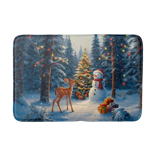Kerstboom Scene Schattige Herten Fawn Snowman Badmat (Voorkant)