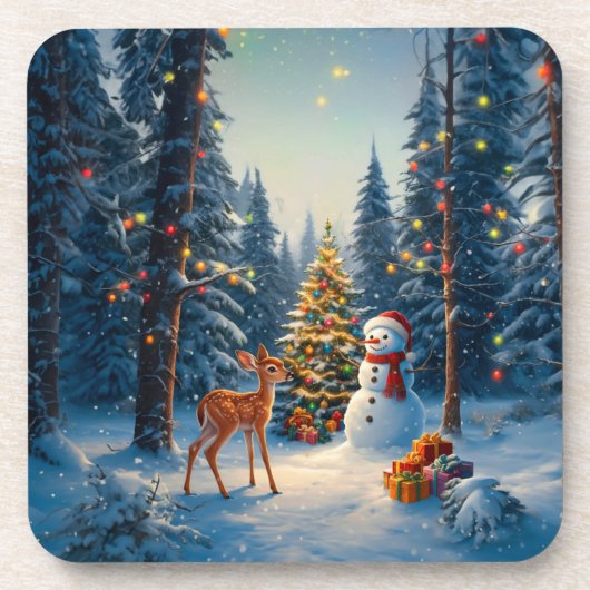 Kerstboom Scene Schattige Herten Fawn Snowman Bier Onderzetter (Voorkant)
