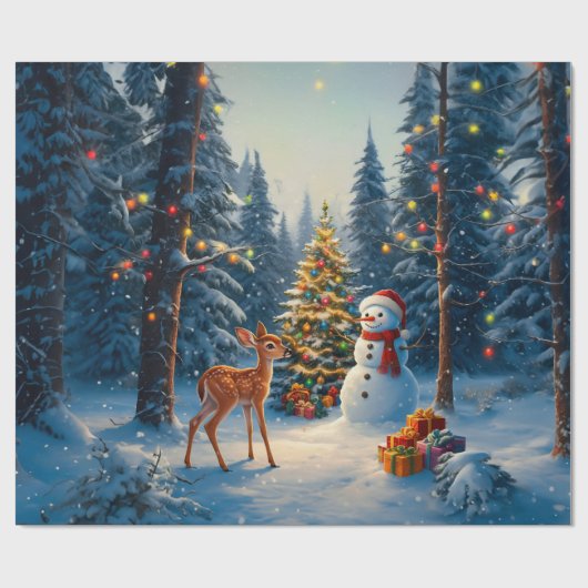 Kerstboom Scene Schattige Herten Fawn Snowman Cadeaupapier (Vlak)