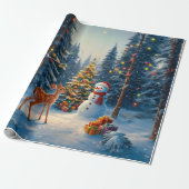 Kerstboom Scene Schattige Herten Fawn Snowman Cadeaupapier (Uitgerold)