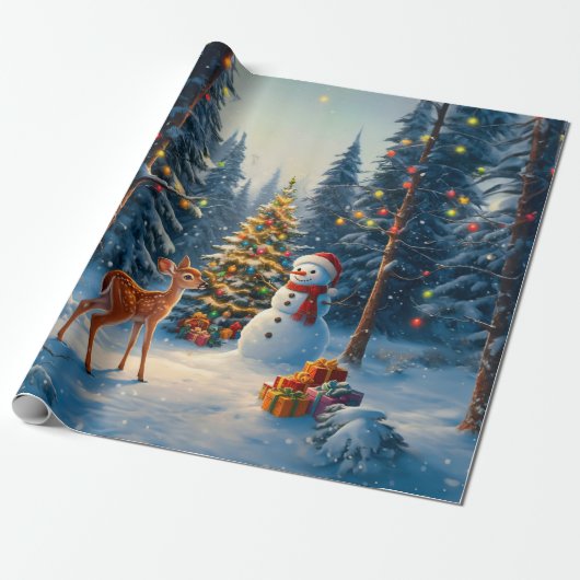 Kerstboom Scene Schattige Herten Fawn Snowman Cadeaupapier (Uitgerold)