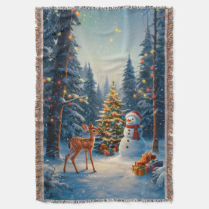 Kerstboom Scene Schattige Herten Fawn Snowman Deken