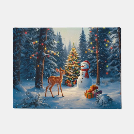 Kerstboom Scene Schattige Herten Fawn Snowman Deurmat (Voorkant)