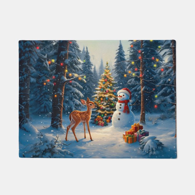 Kerstboom Scene Schattige Herten Fawn Snowman Deurmat (Voorkant)