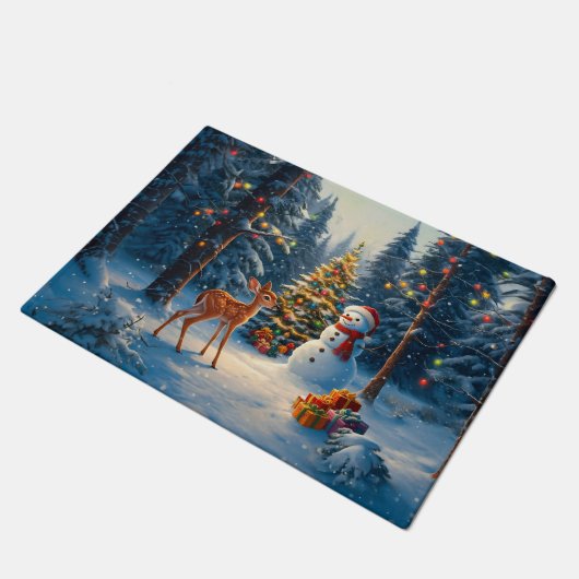 Kerstboom Scene Schattige Herten Fawn Snowman Deurmat (Schuin)