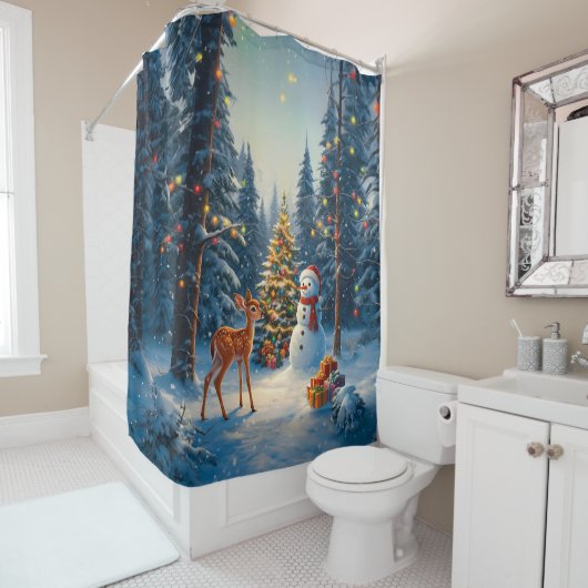 Kerstboom Scene Schattige Herten Fawn Snowman Douchegordijn (In situ)