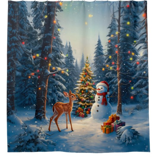Kerstboom Scene Schattige Herten Fawn Snowman Douchegordijn (Voorkant)