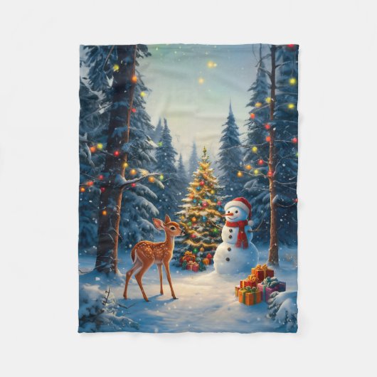 Kerstboom Scene Schattige Herten Fawn Snowman Fleece Deken (Voorkant)