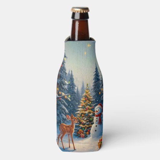 Kerstboom Scene Schattige Herten Fawn Snowman Flesjeskoeler (Fles Voorkant)