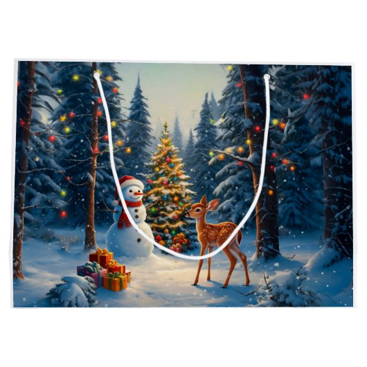 Kerstboom Scene Schattige Herten Fawn Snowman Groot Cadeauzakje (Achterkant)
