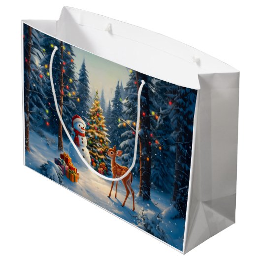 Kerstboom Scene Schattige Herten Fawn Snowman Groot Cadeauzakje (Achterkant Gekanteld)