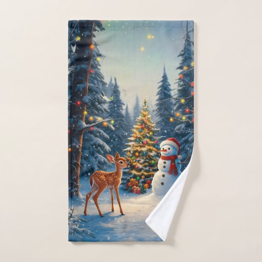 Kerstboom Scene Schattige Herten Fawn Snowman Handdoek (Handdoek)