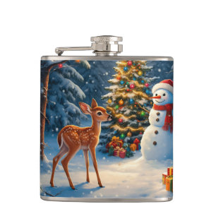 Kerstboom Scene Schattige Herten Fawn Snowman Heupfles