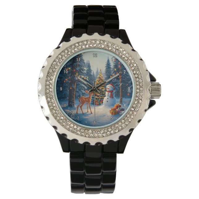 Kerstboom Scene Schattige Herten Fawn Snowman Horloge (Voorkant)