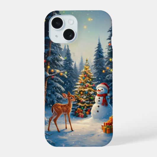 Kerstboom Scene Schattige Herten Fawn Snowman iPhone 15 Case (Achterkant)