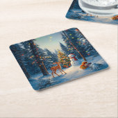 Kerstboom Scene Schattige Herten Fawn Snowman Kartonnen Onderzetters (Schuin)