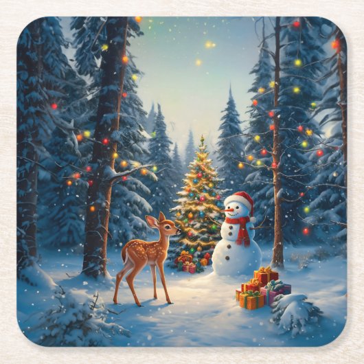 Kerstboom Scene Schattige Herten Fawn Snowman Kartonnen Onderzetters (Voorkant)