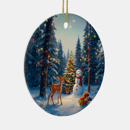 Kerstboom Scene Schattige Herten Fawn Snowman Keramisch Ornament (Rechts)