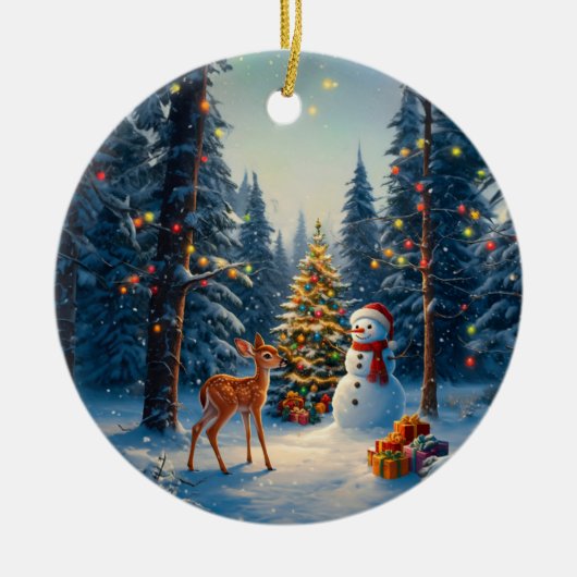 Kerstboom Scene Schattige Herten Fawn Snowman Keramisch Ornament (Voorkant)