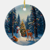 Kerstboom Scene Schattige Herten Fawn Snowman Keramisch Ornament (Achterkant)