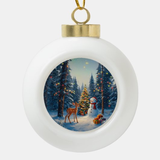 Kerstboom Scene Schattige Herten Fawn Snowman Keramische Bal Ornament (Voorkant)